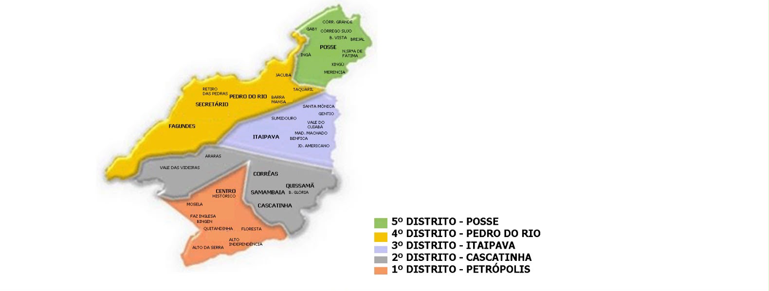 Mapa dos cinco distritos de Petrópolis, incluindo Petrópolis, Cascatinha, Itaipava, Pedro do Rio e Posse
